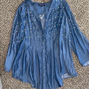 Roaman's Blue Plus Size Blouse with Pearl Accents NWOT